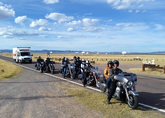 Orange & Black motorcycle tour group at VLA